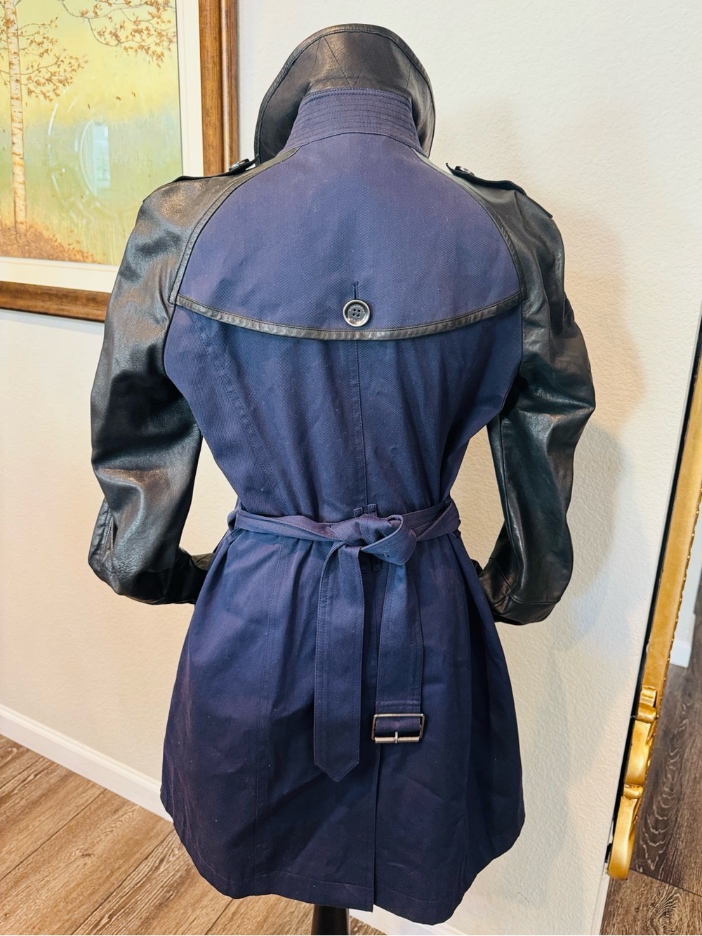 Authentic Burberry Navy Trench Coat with Black Leather Sleeves - Picture 2 of 16